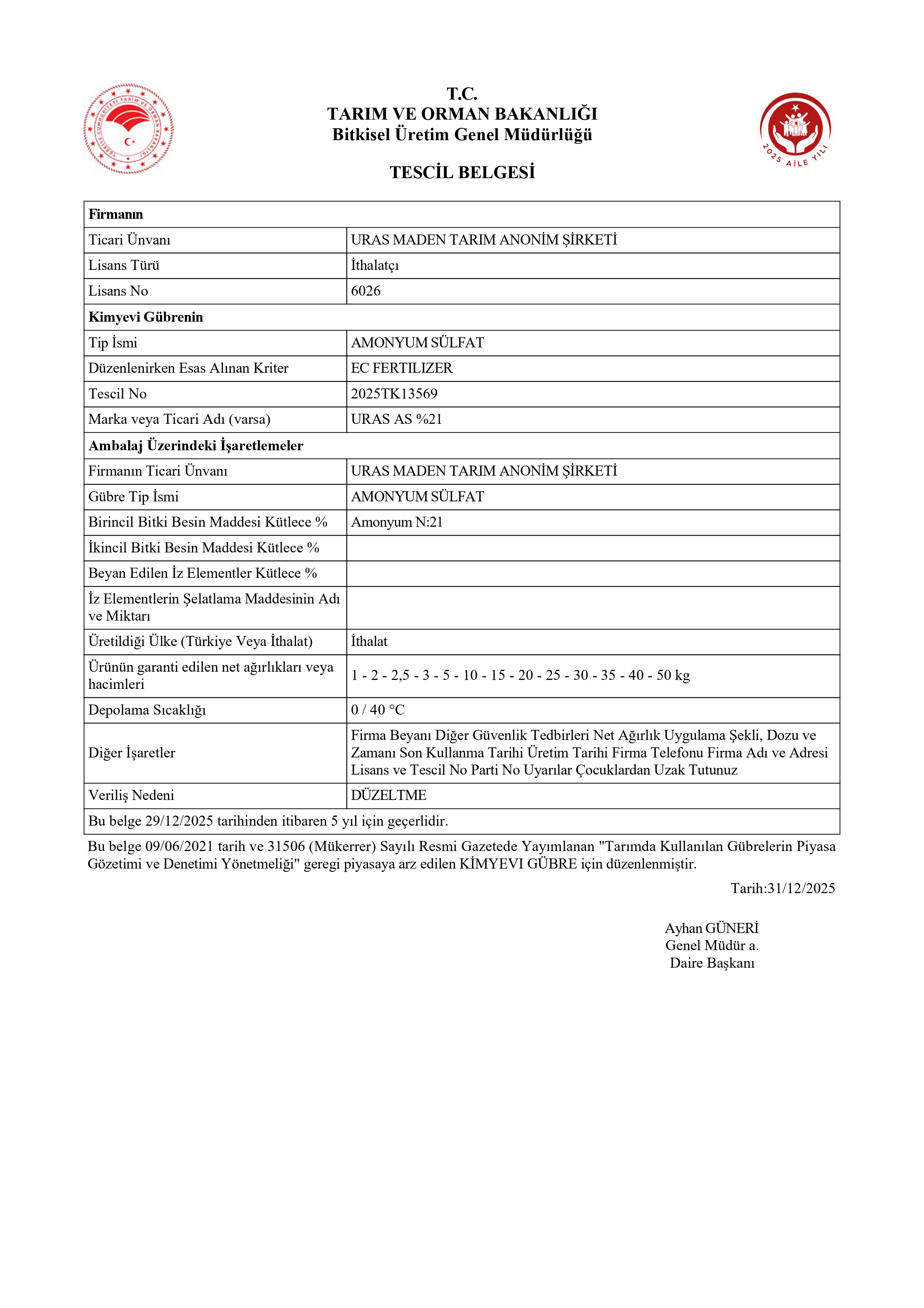 Amonyum Sülfat (AS) Tescil Belgesi